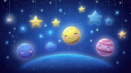 Naklejka premium Playful Cartoon Planets and Stars in a Starry Night Sky