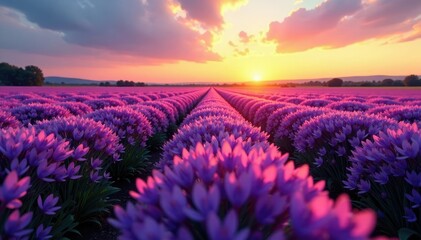 Fototapeta premium Purple flower field stretching towards the horizon at dawn, fields, fields