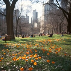 Obraz premium Spring flowers bloom in a city park with people relaxing on a sunny day.