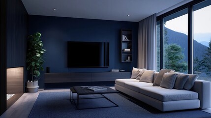 Fototapeta premium Modern living room with scenic mountain view