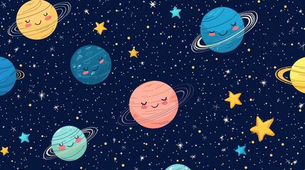 Fototapeta premium Cute Cartoon Planets and Stars Pattern on Dark Space Background