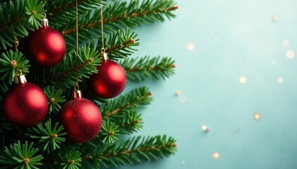 Obraz premium Red and green fir branches with Christmas balls, christmas balls, evergreen