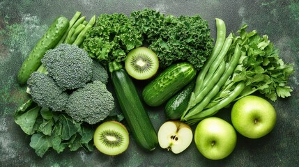 Creative layout made of kale, broccoli, green beans, zucchini, cucumber, apple, kiwi, lemongrass on the green background. Flat lay. Food concept. Macro concept. 