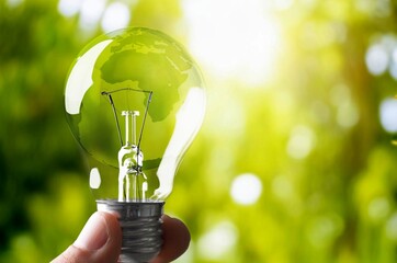 Renewable Energy. Glass light bulb on nature background.