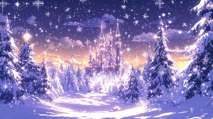 Naklejka premium Magical Winter Landscape with Snowy Castle and Sparkling Stars