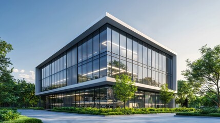 Obraz premium Modern glass office building surrounded by greenery