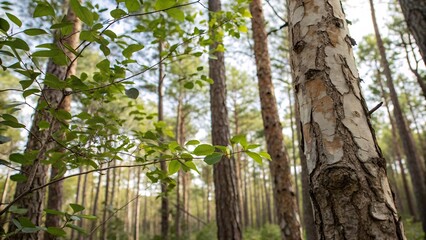 Obraz premium Sunlit Pine Forest with Textured Tree Trunks and Green Foliage