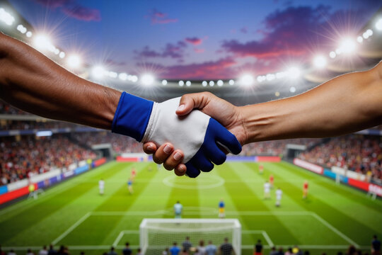 Sports gloves shaking hands in vibrant stadium, symbolizing teamwork