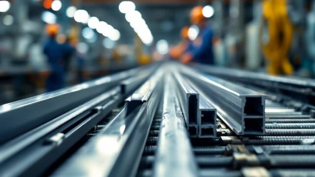 Aluminum Extrusion Manufacturing Process: Industrial Metal Profiles on Conveyor Belt