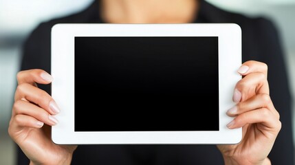 A professional class model businesswoman in a modern office setting, confidently presenting a digital tablet to a diverse group of colleagues, with a clean and minimalist background
