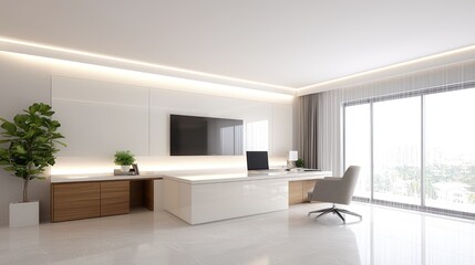 Modern office, city view, desk, chair, minimalist design, workspace
