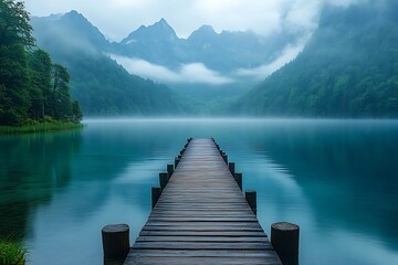 Serene Lakeside Pier Through Misty Mountains