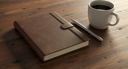 notebook mockup with a leather cover, placed on a rustic wooden table