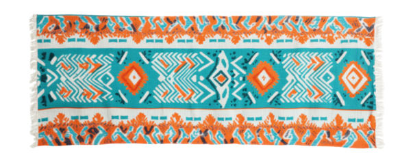 Vibrant woven fabric featuring geometric tribal patterns in turquoise, orange, and white, with decorative fringe edges, ideal for decor or fashion.