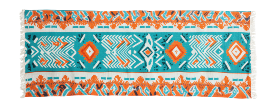 Vibrant woven fabric featuring geometric tribal patterns in turquoise, orange, and white, with decorative fringe edges, ideal for decor or fashion.