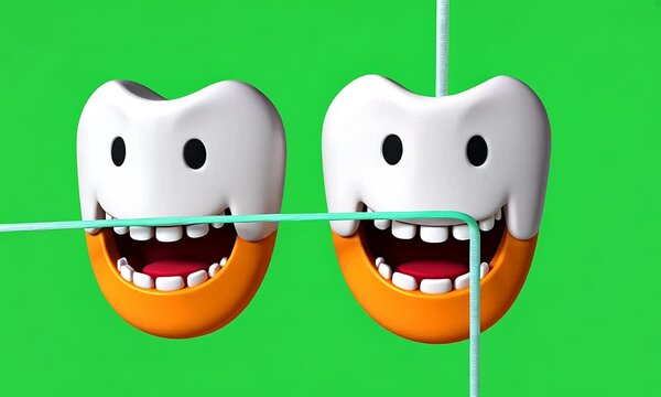 Happy teeth flossing on green screen