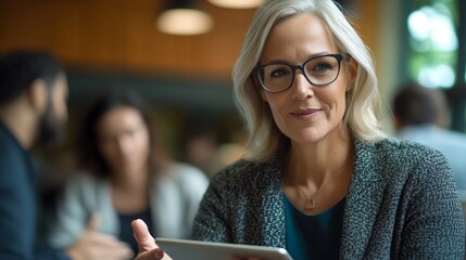 A professional class model businesswoman in a modern office setting, confidently presenting a digital tablet to a diverse group of colleagues, with a clean and minimalist background