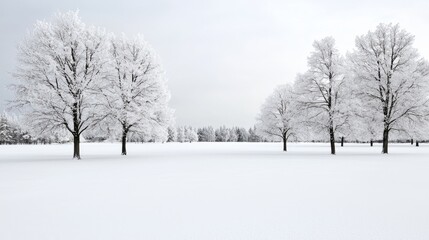Fototapeta premium Snow-covered deciduous trees stand in a wide open field during a cold winter day under an overcast sky.