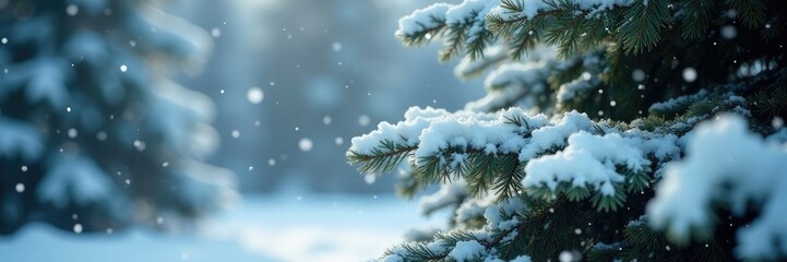 Snowflakes fell gently around the snow covered fir tree, cold weather, gentle snow