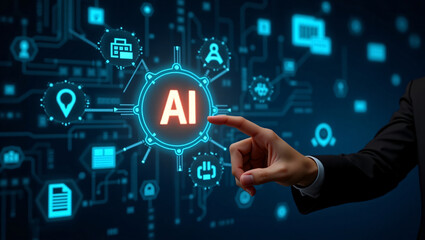 Man touching AI icon on electronic circuit board.