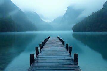 Fototapeta premium Misty Mountain Lake Pier in Tranquil Light