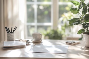 A minimalist workspace with a blank sheet of paper, black pens, and a cup of coffee near a sunlit window. Cozy and creative atmosphere.