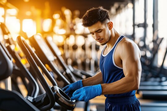 A muscular man wearing blue gloves disinfects gym equipment, ensuring a clean and healthy workout environment.