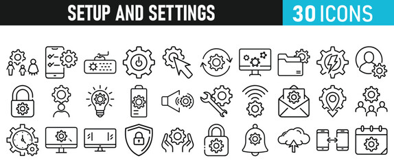Settings and setup icon set. Setup icons for web and mobile app in liner style. Settings, setup, fix, maintenance, update, options, control, solution Vector illustration
