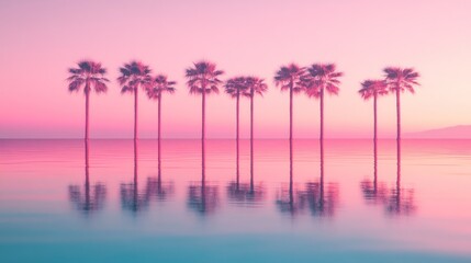 Pink Palm Trees Reflecting in Calm Ocean Water at Sunset