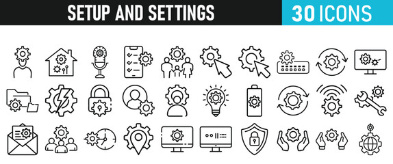 Settings and setup icon set. Setup icons for web and mobile app in liner style. Settings, setup, fix, maintenance, update, options, control, solution Vector illustration