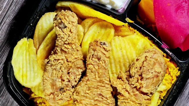 Broasted chicken meal with colorful Basmati rice, pickled slices of carrot, cucumber, turnip, fried potato chips, a broast chicken pieces, broasting combines pressure and traditional shallow frying