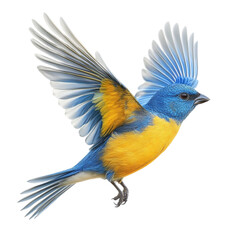 Blue and Gold Bird in Flight Dynamic Wings Abstract Background Joyful Movement