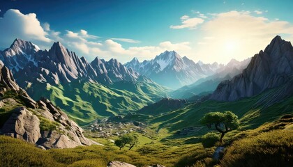 Fototapeta premium A breathtaking mountain valley with lush green slopes, rugged peaks, and golden sunlight casting a warm glow over the serene landscape.