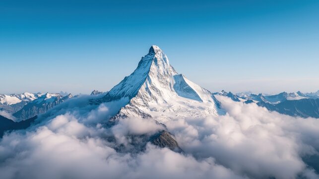 Snow Avalanche Danger in Winter Concept, Majestic Snow-Capped Peak Rising Above Swirling Clouds with Avalance Impact in Breathtaking Mountain Landscape