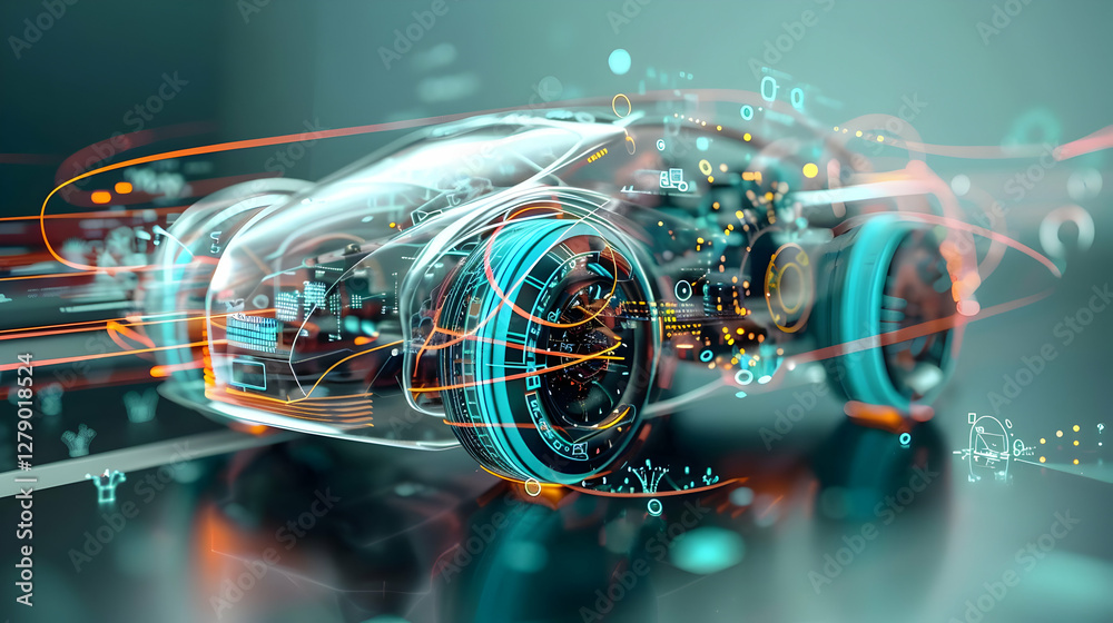 Poster futuristic transparent car with digital interfaces and glowing elements in a tech environment