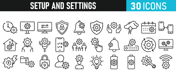 Settings and setup icon set. Setup icons for web and mobile app in liner style. Settings, setup, fix, maintenance, update, options, control, solution Vector illustration