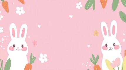 Fototapeta premium Cute Cartoon Rabbits with Carrots on Pink Background for Spring Decor