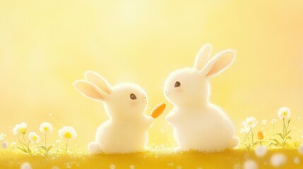 Obraz premium Cute fluffy rabbits sharing a carrot in a bright sunny field