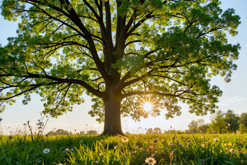 Fototapeta premium Majestic tree with vibrant leaves standing tall in serene forest, nature's beauty