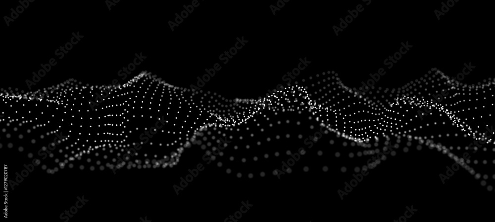 Poster Futuristic background of moving, glowing particles on a black background. Large amount of data. 3D rendering.