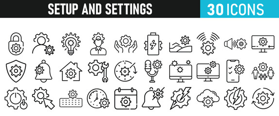 Settings and setup icon set. Setup icons for web and mobile app in liner style. Settings, setup, fix, maintenance, update, options, control, solution Vector illustration