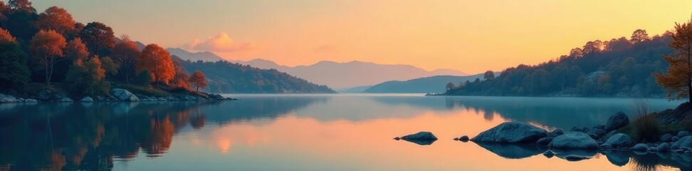 Fototapeta premium Tranquil lake with orange and cyan reflections, stillness, water