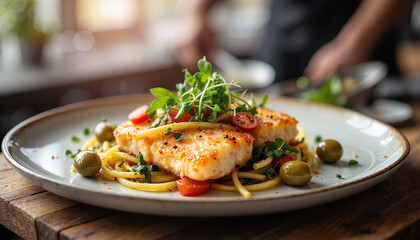Bacalhau fish fillet served on pasta with cherry tomatoes and olives, garnished with microgreens