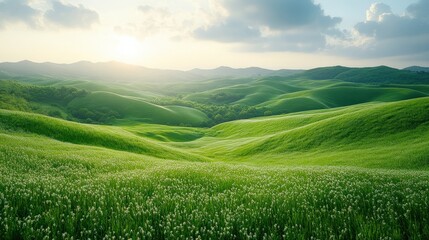 Fototapeta premium Lush green hills under a bright sky at sunset, showcasing nature's beauty and tranquility