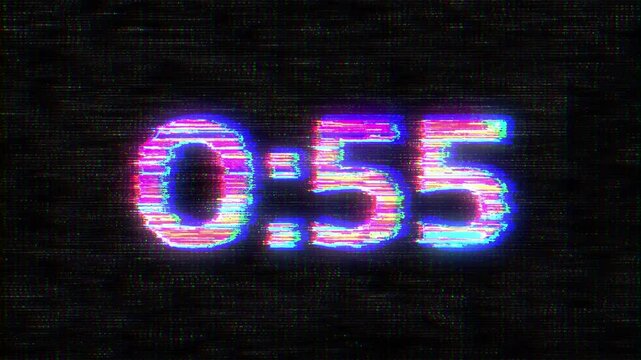 Cyber glitch countdown. 60 seconds digital noise. 1 minutes timer. Noise artifacts numbers. Cyberpunk opener 