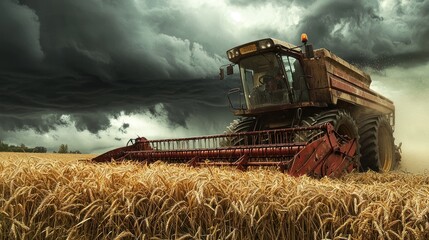 Obraz premium Harvest Under a Stormy Sky: A Combine Harvester in a Golden Wheat Field