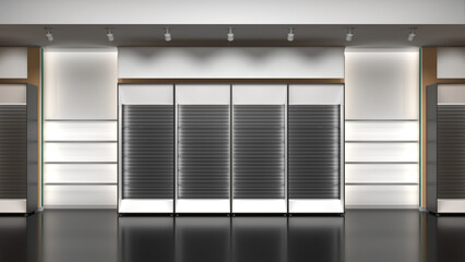 Shop interior mockup with black and white slatwall display stands, white niches with shelves and backlight, hanging banners. 3d illustration