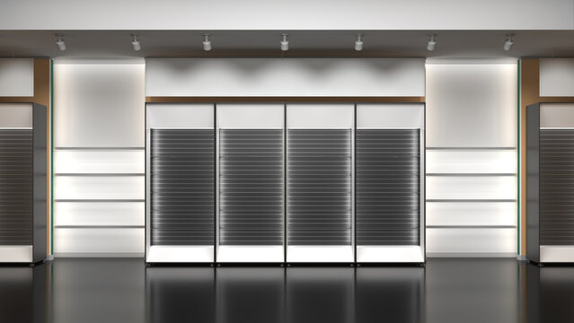 Shop interior mockup with black and white slatwall display stands, white niches with shelves and backlight, hanging banners. 3d illustration