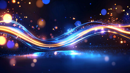 Fototapeta premium Dynamic Abstract Background With Flowing Waves Of Light In Blue And Orange Hues With Bokeh Effects