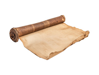 Blank Aged Parchment Scroll with Rolled Edges. Sheet of old paper with free space for text. Old paper isolated on white background